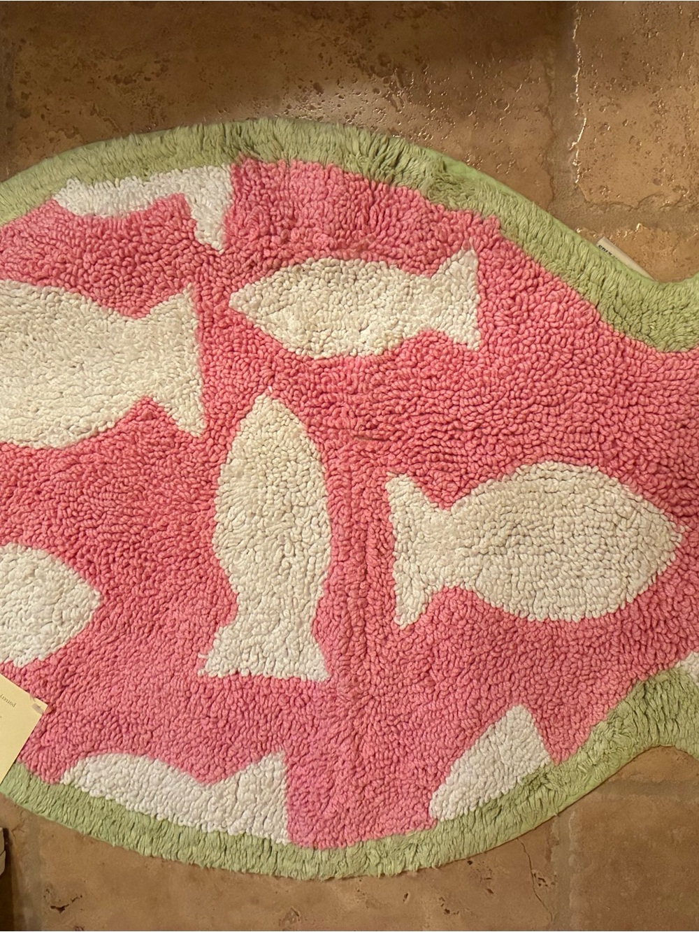 Pottery Barn Kids Pink Fish Bath Mat with White Fish and Green Trim
